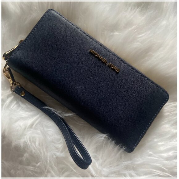 Michael Kors Large Leather Navy Blue & Gold Color‎ Wallet Clutch - Picture 1 of 10